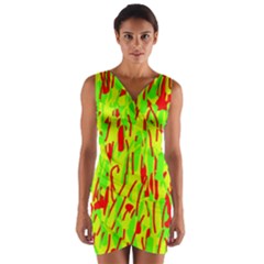 Green And Red Pattern Wrap Front Bodycon Dress