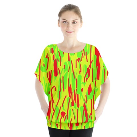 Green And Red Pattern Batwing Chiffon Blouse by Valentinaart