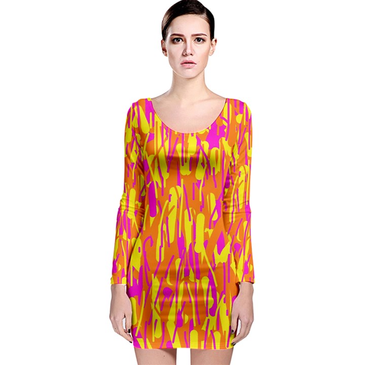 Pink and yellow pattern Long Sleeve Bodycon Dress