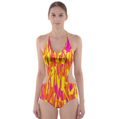 Pink And Yellow Pattern Cut-out One Piece Swimsuit