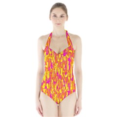 Pink And Yellow Pattern Halter Swimsuit