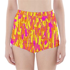 Pink And Yellow Pattern High-waisted Bikini Bottoms