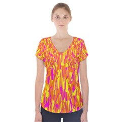 Pink And Yellow Pattern Short Sleeve Front Detail Top