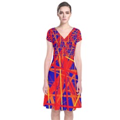 Orange And Blue Pattern Short Sleeve Front Wrap Dress