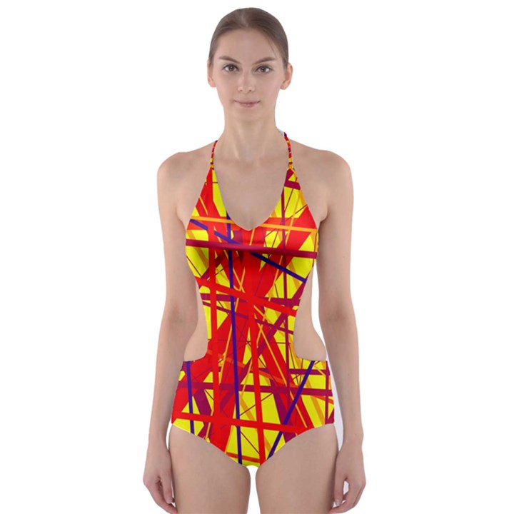 Yellow and orange pattern Cut-Out One Piece Swimsuit