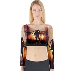 Dancing In The Night With Moon Nd Stars Long Sleeve Crop Top