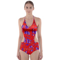 Blue And Red Pattern Cut-out One Piece Swimsuit