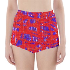 Blue And Red Pattern High-waisted Bikini Bottoms