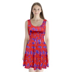 Blue And Red Pattern Split Back Mini Dress 