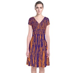 Blue And Orange Pattern Short Sleeve Front Wrap Dress