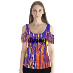 Orange, Blue And Yellow Pattern Butterfly Sleeve Cutout Tee 