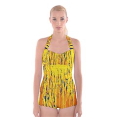 Yellow Pattern Boyleg Halter Swimsuit 