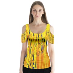 Yellow Pattern Butterfly Sleeve Cutout Tee 