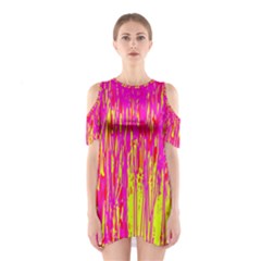 Pink And Yellow Pattern Cutout Shoulder Dress