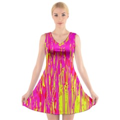 Pink And Yellow Pattern V-neck Sleeveless Skater Dress