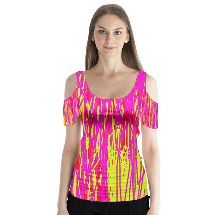 Pink and yellow pattern Butterfly Sleeve Cutout Tee 