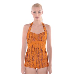 Orange Pattern Boyleg Halter Swimsuit 