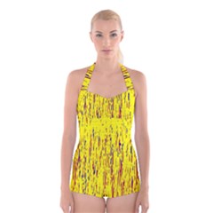 Yellow Pattern Boyleg Halter Swimsuit 