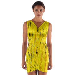 Yellow Pattern Wrap Front Bodycon Dress