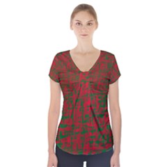 Green And Red Pattern Short Sleeve Front Detail Top