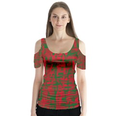 Green And Red Pattern Butterfly Sleeve Cutout Tee 