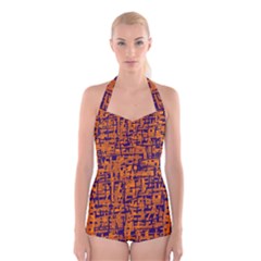 Blue And Orange Decorative Pattern Boyleg Halter Swimsuit 