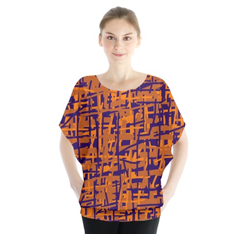 Blue And Orange Decorative Pattern Batwing Chiffon Blouse by Valentinaart