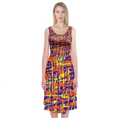 Orange, Blue And Yellow Pattern Midi Sleeveless Dress