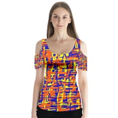 Orange, Blue And Yellow Pattern Butterfly Sleeve Cutout Tee 