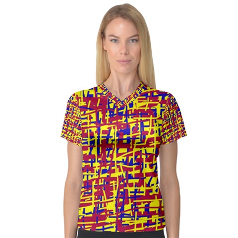 Red, Yellow And Blue Pattern Women s V-neck Sport Mesh Tee by Valentinaart