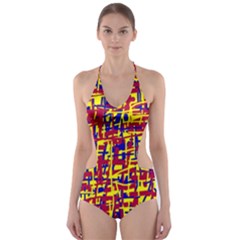 Red, Yellow And Blue Pattern Cut-out One Piece Swimsuit