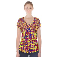 Red, Yellow And Blue Pattern Short Sleeve Front Detail Top by Valentinaart