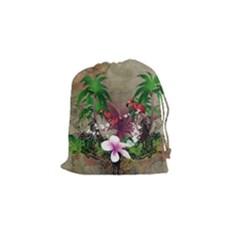 Wonderful Tropical Design With Palm And Flamingo Drawstring Pouches (small) 