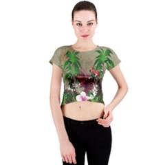 Wonderful Tropical Design With Palm And Flamingo Crew Neck Crop Top