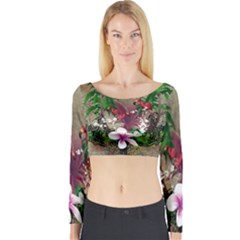 Wonderful Tropical Design With Palm And Flamingo Long Sleeve Crop Top