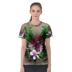 Wonderful Tropical Design With Palm And Flamingo Women s Sport Mesh Tee