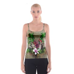 Wonderful Tropical Design With Palm And Flamingo Spaghetti Strap Top