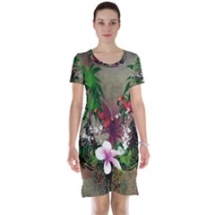 Wonderful Tropical Design With Palm And Flamingo Short Sleeve Nightdress