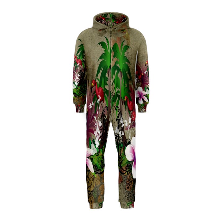 Wonderful Tropical Design With Palm And Flamingo Hooded Jumpsuit (Kids)