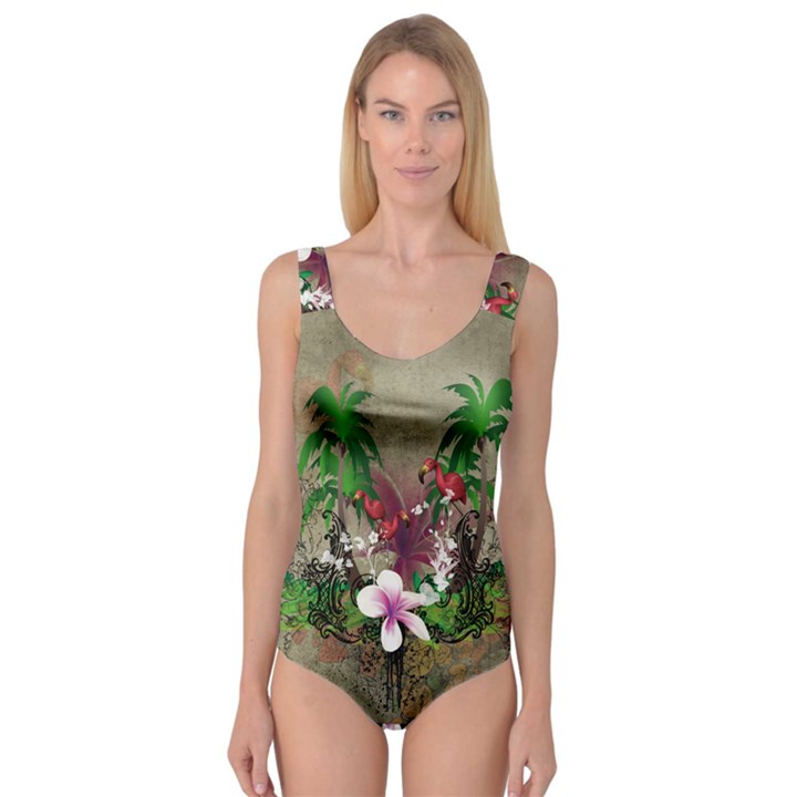 Wonderful Tropical Design With Palm And Flamingo Princess Tank Leotard 