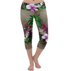 Wonderful Tropical Design With Palm And Flamingo Capri Yoga Leggings