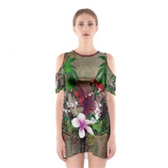 Wonderful Tropical Design With Palm And Flamingo Cutout Shoulder Dress