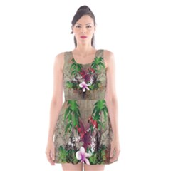 Wonderful Tropical Design With Palm And Flamingo Scoop Neck Skater Dress