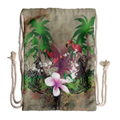 Wonderful Tropical Design With Palm And Flamingo Drawstring Bag (large) by FantasyWorld7