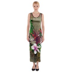 Wonderful Tropical Design With Palm And Flamingo Fitted Maxi Dress