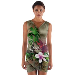 Wonderful Tropical Design With Palm And Flamingo Wrap Front Bodycon Dress