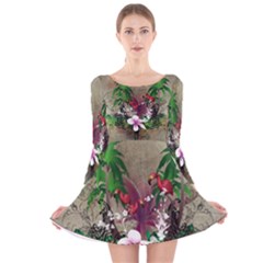 Wonderful Tropical Design With Palm And Flamingo Long Sleeve Velvet Skater Dress by FantasyWorld7