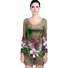 Wonderful Tropical Design With Palm And Flamingo Long Sleeve Velvet Bodycon Dress