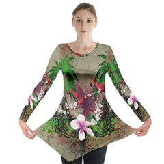 Wonderful Tropical Design With Palm And Flamingo Long Sleeve Tunic 