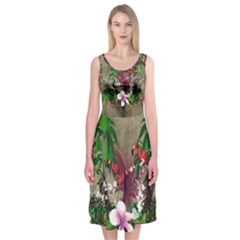 Wonderful Tropical Design With Palm And Flamingo Midi Sleeveless Dress